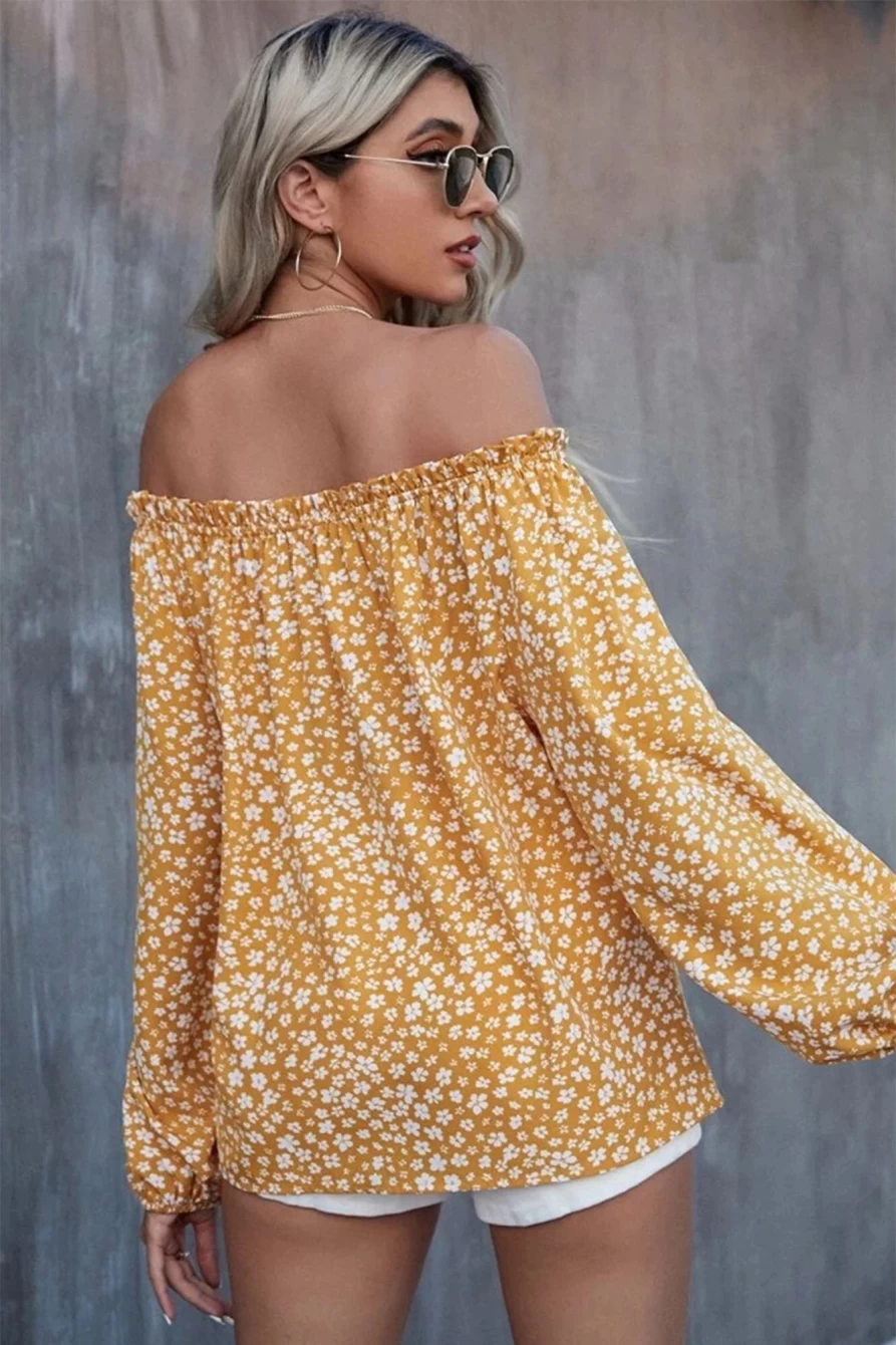 Shewin Women's Yellow Floral Print Off-Shoulder Blouse with Lantern Sleeves & Frill Details