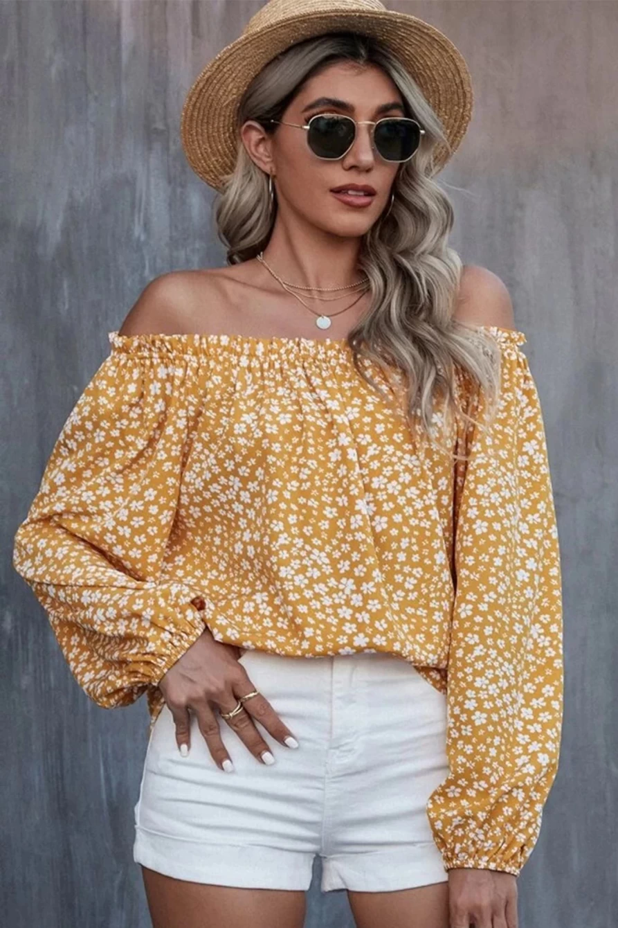 Shewin Women's Yellow Floral Print Off-Shoulder Blouse with Lantern Sleeves & Frill Details
