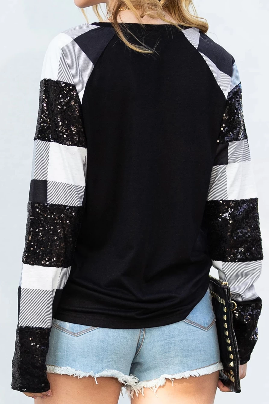 Shewin Women's Black Sequin Plaid Patchwork Top with Raglan Sleeves