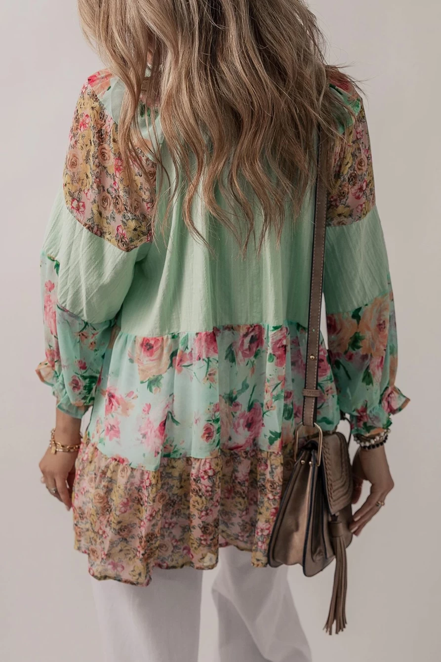 Shewin Women's Green Printed Floral Patchwork Blouse with Frilled Split Neck Design
