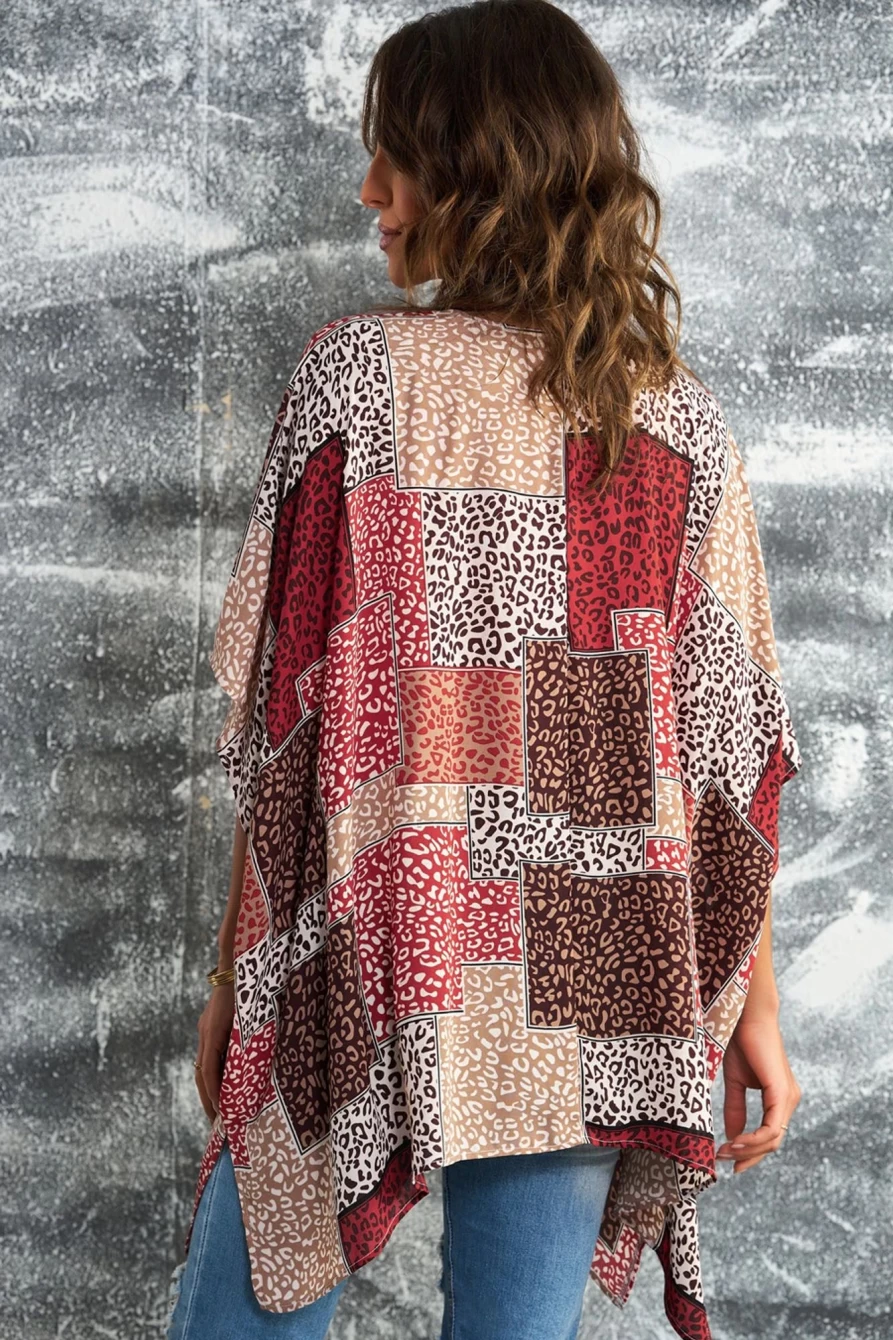 Women's Red Leopard Print Open Front Kimono Cardigan - Shewin