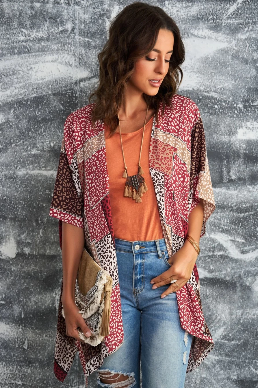Women's Red Leopard Print Open Front Kimono Cardigan - Shewin