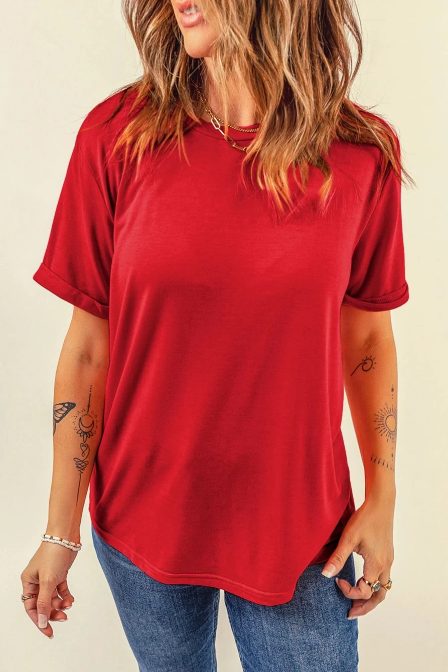 Shewin Women's Red-2 Solid Basic Crew Neck Plain T-Shirt