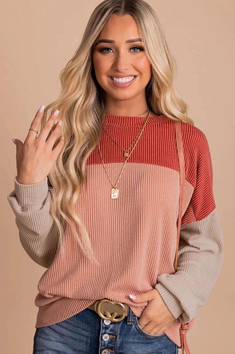 Shewin Women's Red Color Block Loose Long Sleeve Top