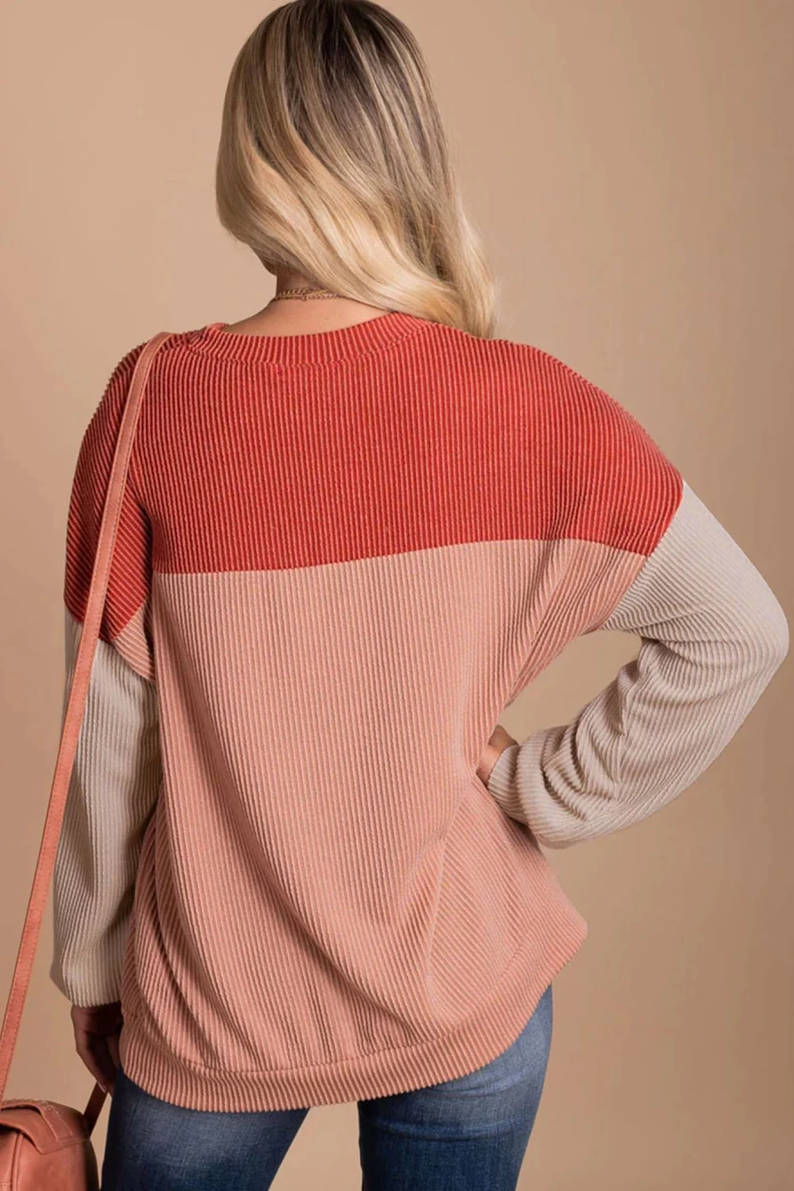 Shewin Women's Red Color Block Loose Long Sleeve Top