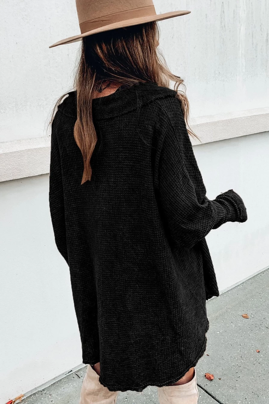 Shewin Women's Black Waffle Pocket Patchwork Loose Knit Top