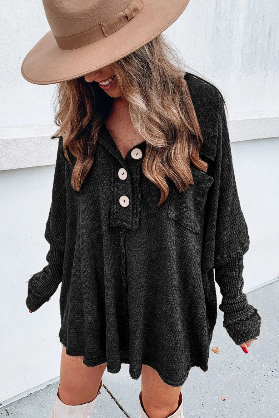 Shewin Women's Black Waffle Pocket Patchwork Loose Knit Top