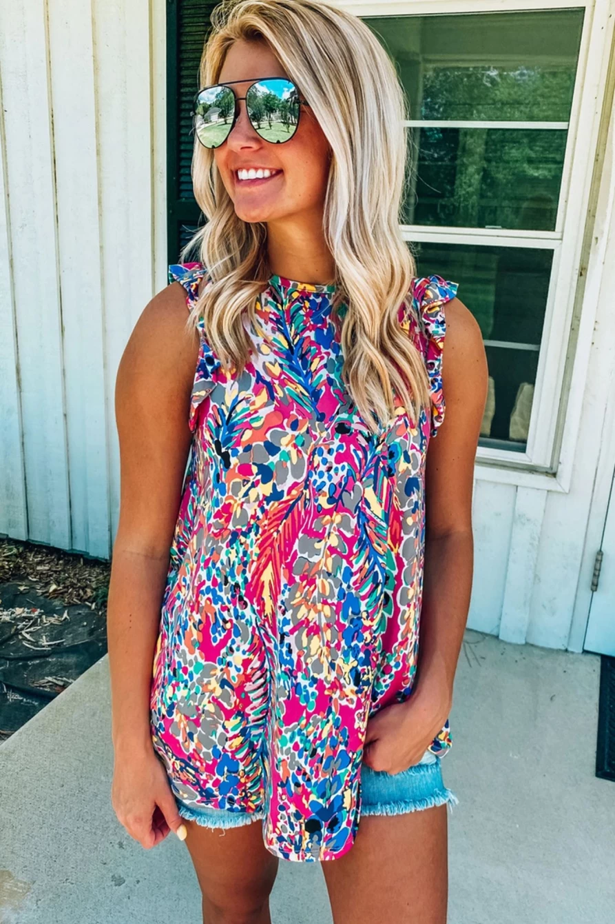 Shewin Women's Rose Boho Abstract Print Color Block Ruffle Babydoll Sleeveless Top