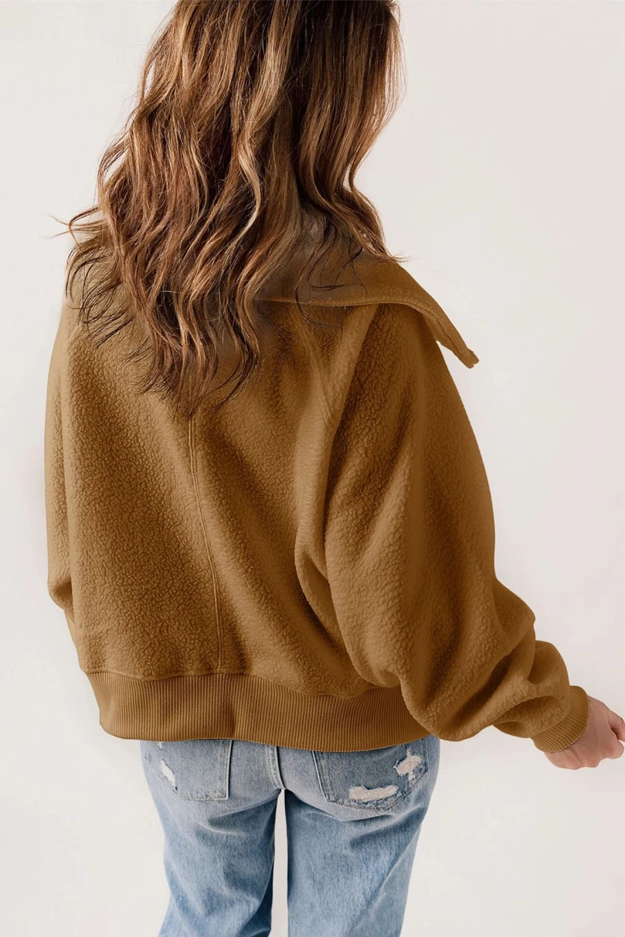 Women's Brown Fleece Jacket with Button Flap Pockets & Collar | Shewin Outerwear