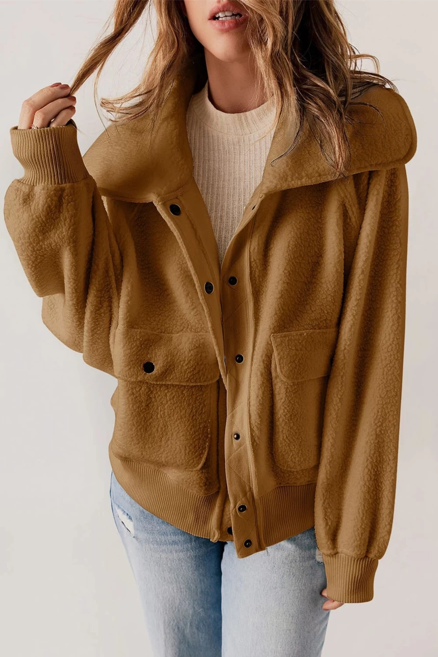 Women's Brown Fleece Jacket with Button Flap Pockets & Collar | Shewin Outerwear