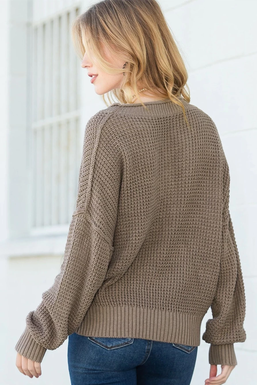 Shewin Women's Khaki Pointelle Knit V-Neck Drop Shoulder Button Sweater