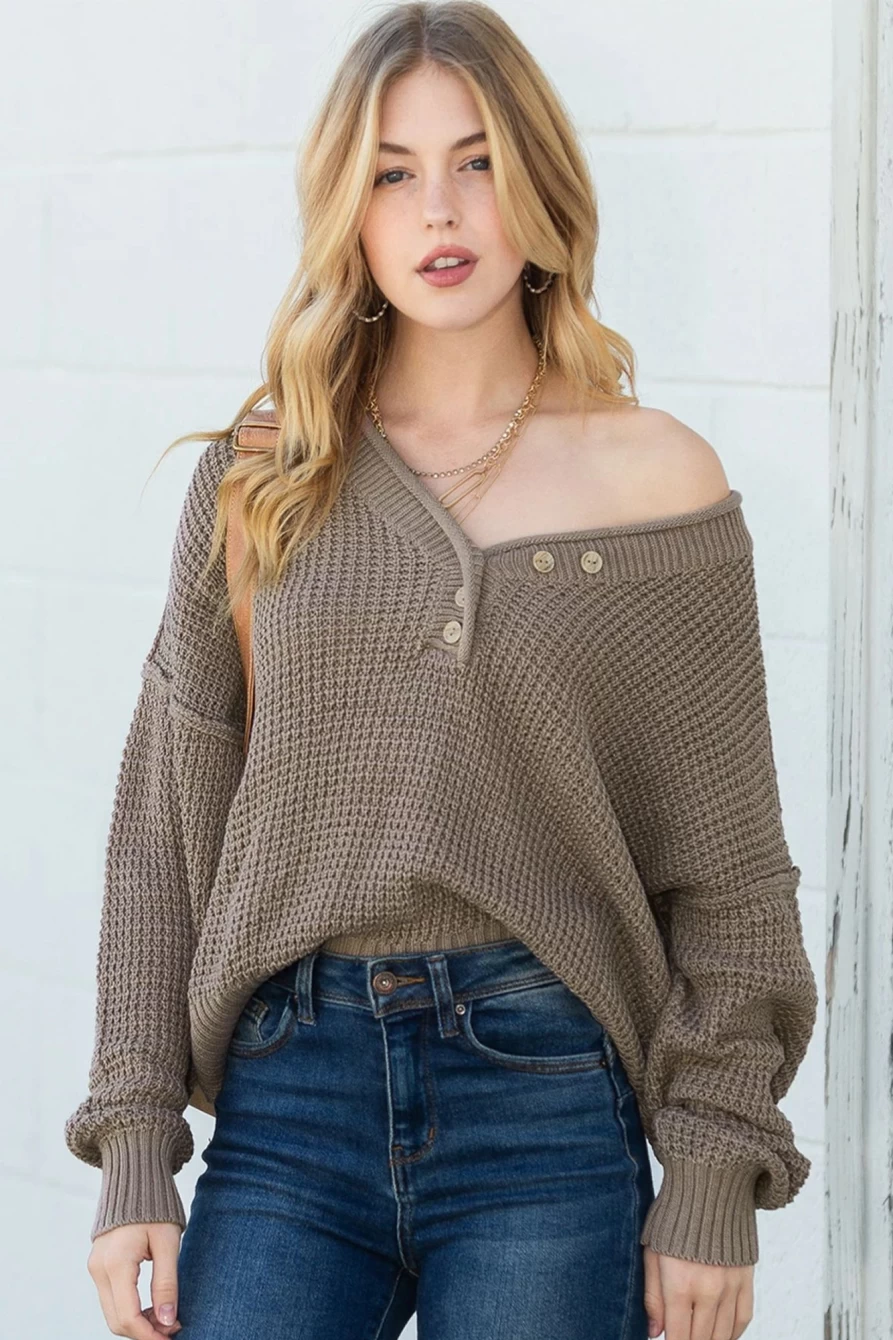 Shewin Women's Khaki Pointelle Knit V-Neck Drop Shoulder Button Sweater