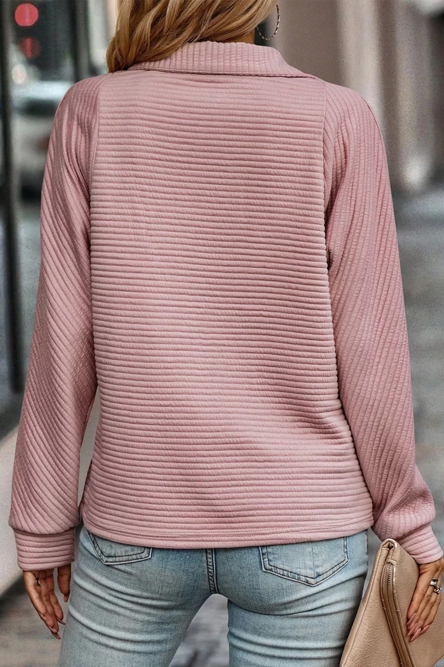Shewin Women's Peach Blossom Ribbed Texture Quarter Zip Sweatshirt - Stylish Casual Pullover