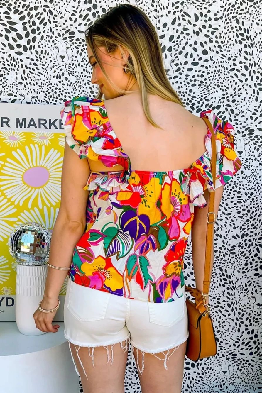 Shewin Women's Multicolour Boho Floral Print Blouse with Layered Ruffle Sleeveless Design
