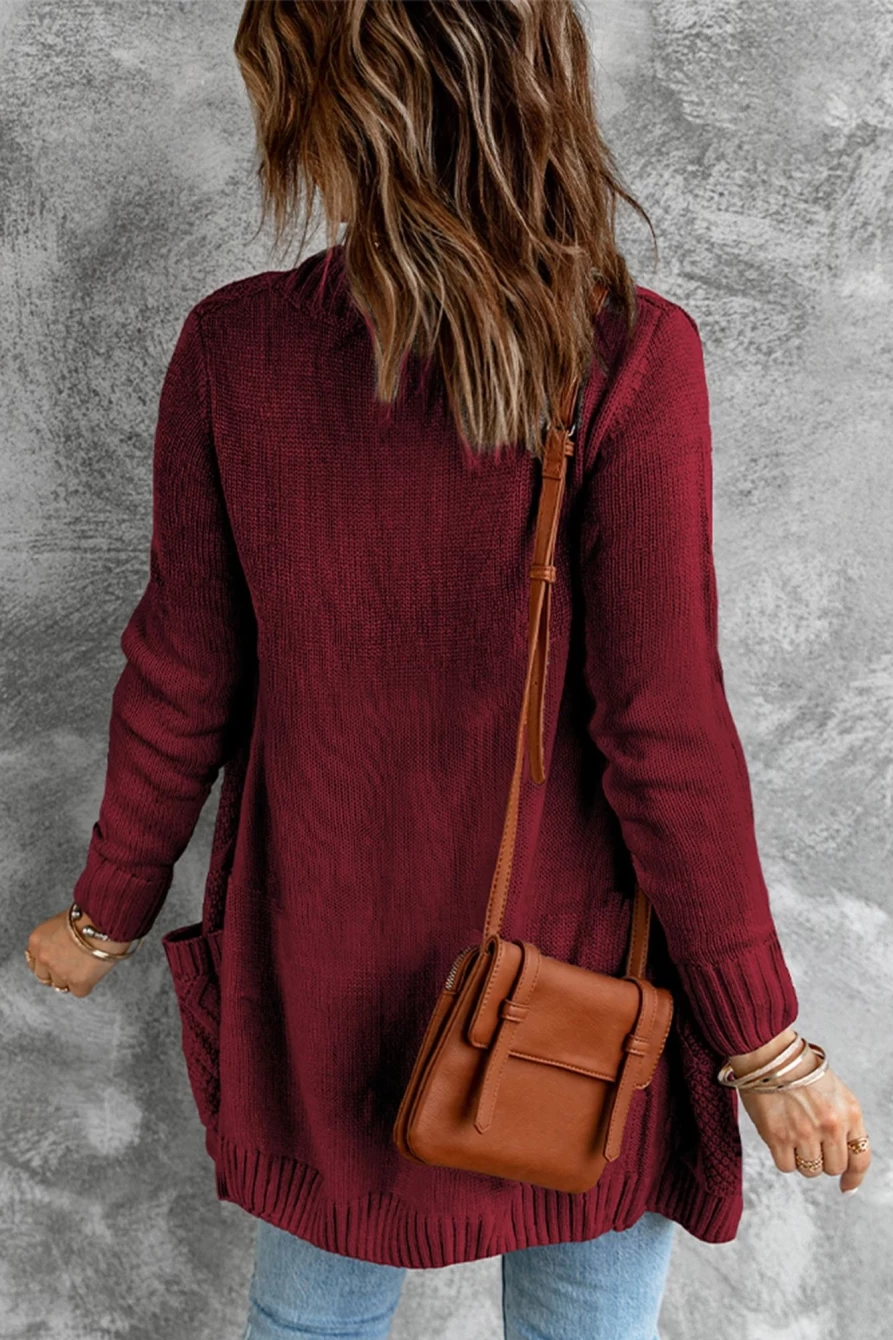 Women's Red Burgundy Button Front Pocket Cardigan - Shewin
