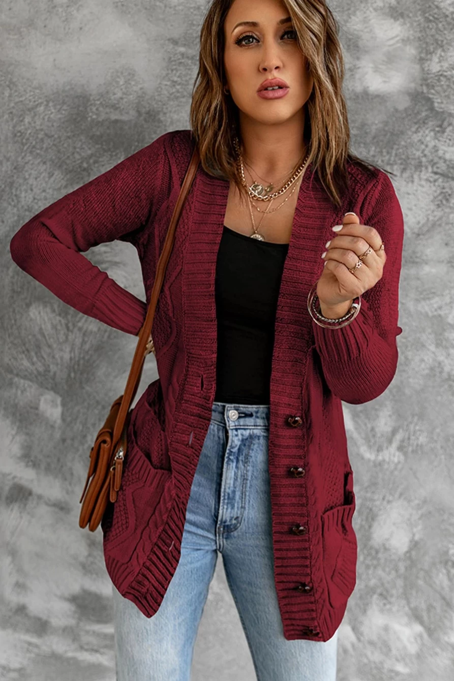 Women's Red Burgundy Button Front Pocket Cardigan - Shewin