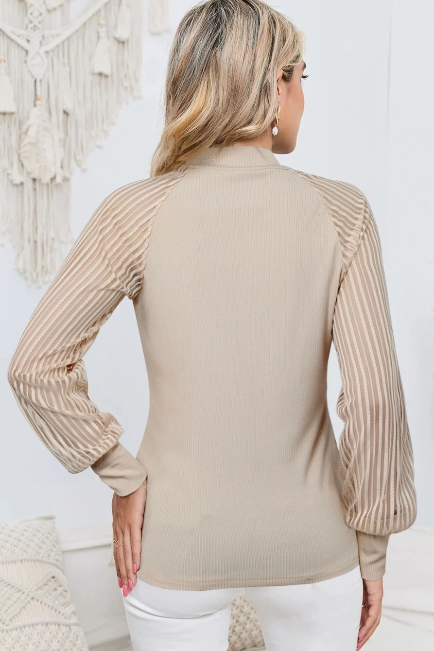Shewin Women's Apricot Ribbed Striped Mesh Long Sleeve T-Shirt