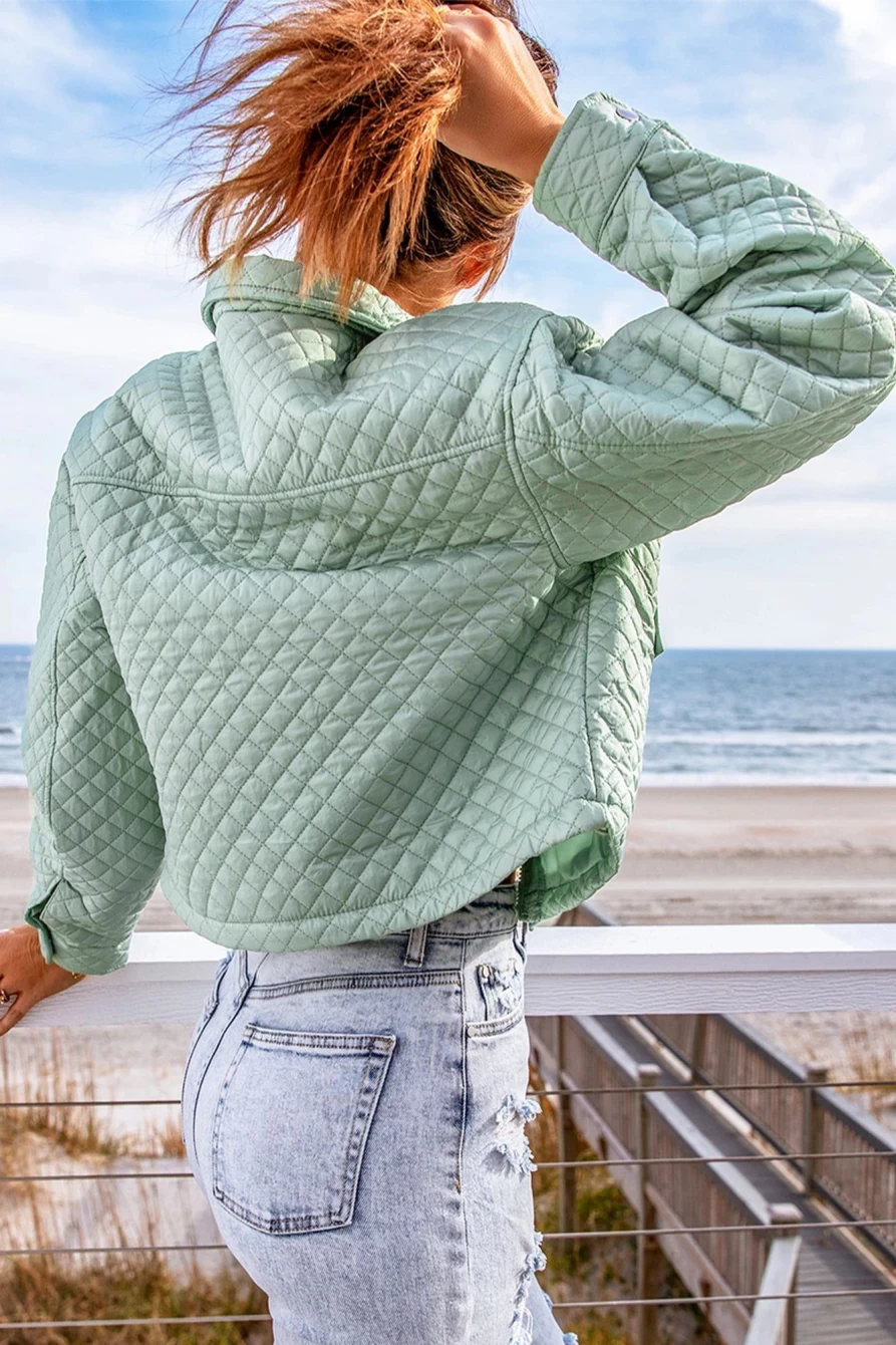 Shewin Women's Green Quilted Cropped Jacket with Pockets and Zip Up