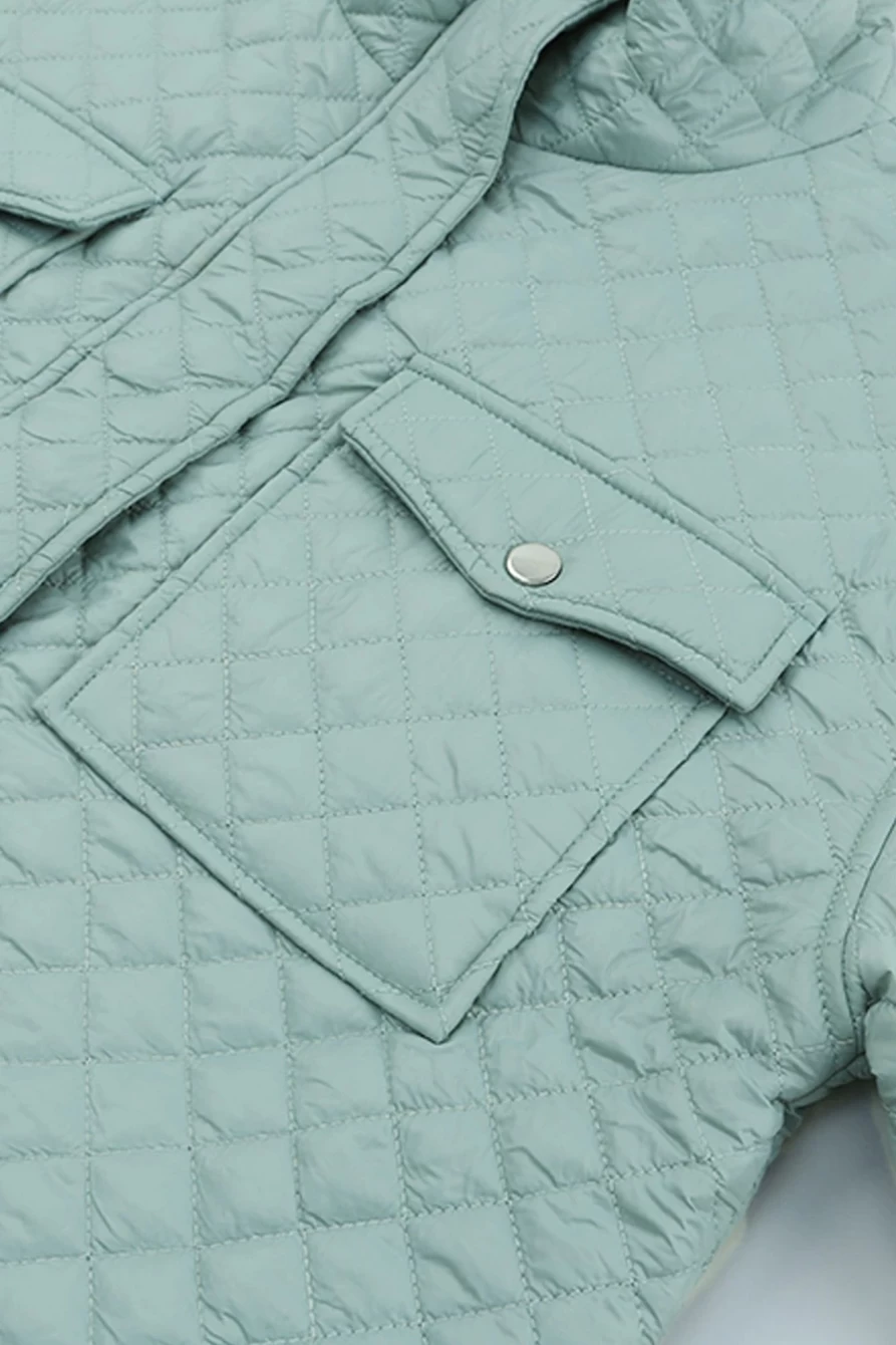 Shewin Women's Green Quilted Cropped Jacket with Pockets and Zip Up