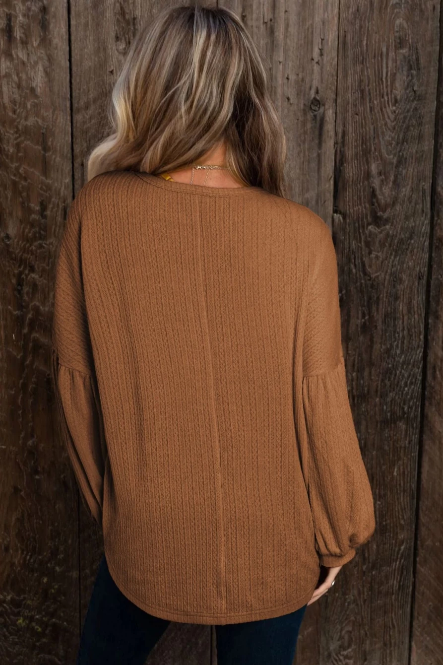 Shewin Women's Brown Solid Color Textured Pullover Casual Long Sleeve Top