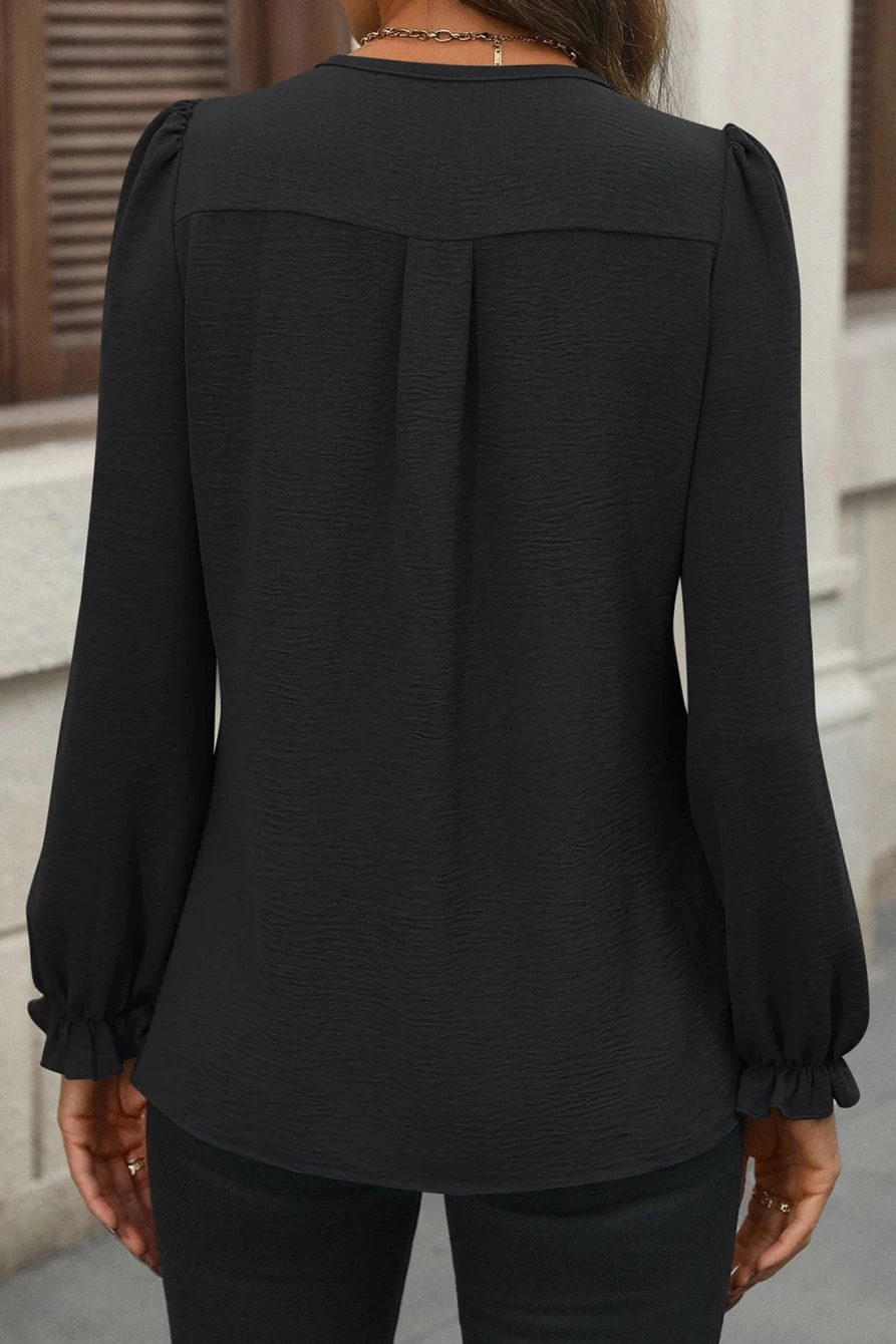 Shewin Women's Black Casual V-Neck Pleated Long Sleeve Blouse
