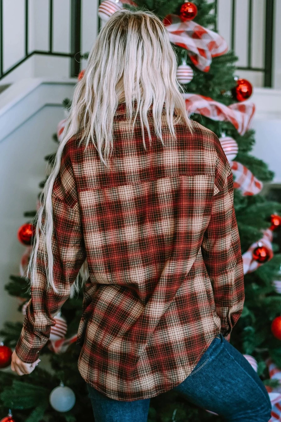Women's Fiery Red Plaid Print Zip-Up Shirt with Chest Pocket - SHEWIN