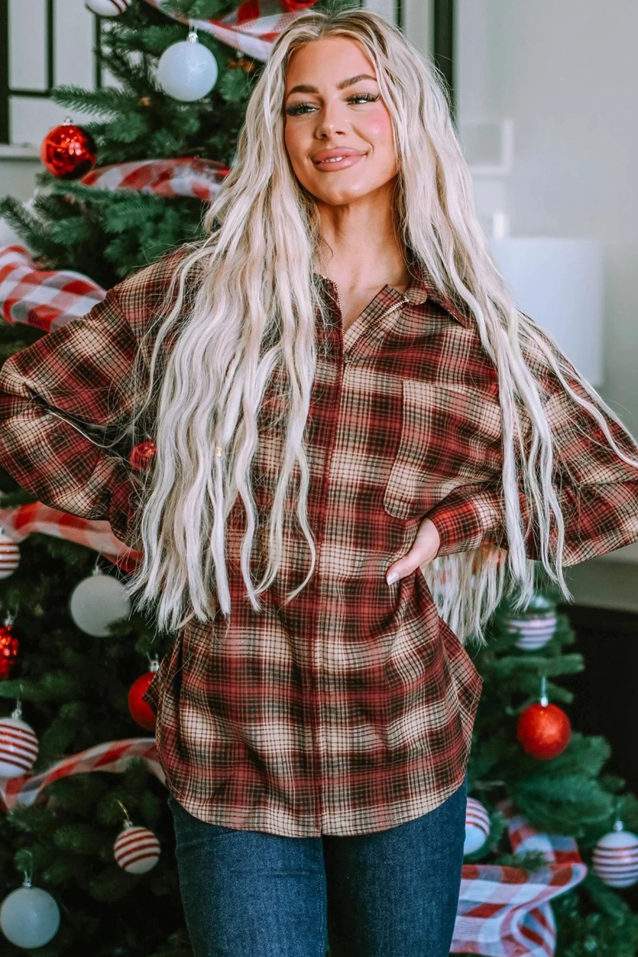 Women's Fiery Red Plaid Print Zip-Up Shirt with Chest Pocket - SHEWIN