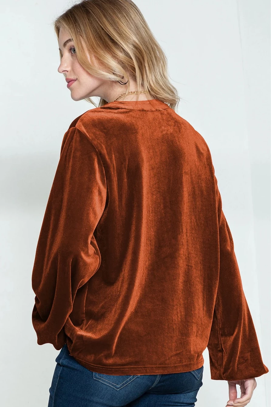 Shewin Women's Gold Flame Beaded Velvet Top with V Neck & Lantern Sleeves