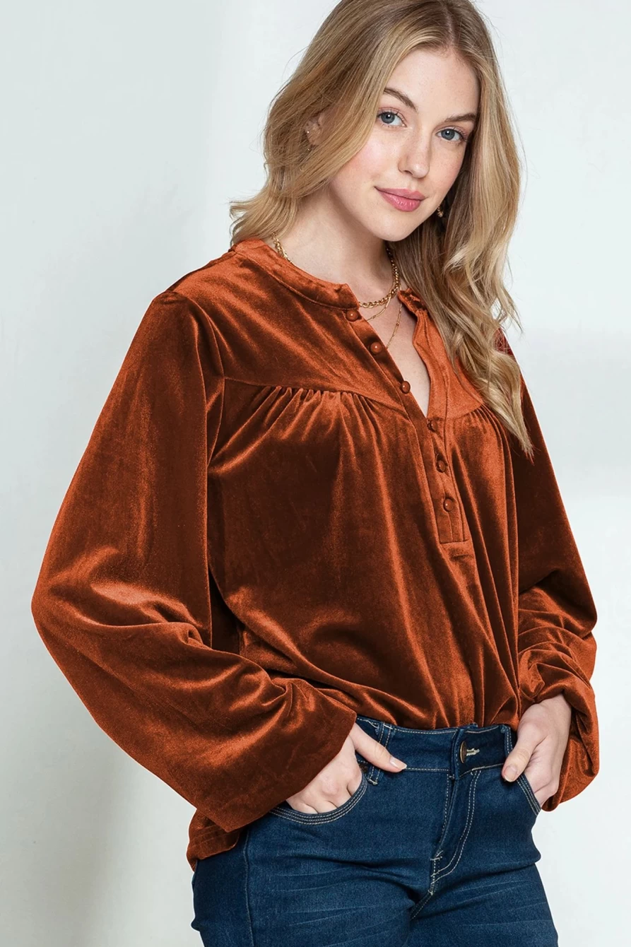 Shewin Women's Gold Flame Beaded Velvet Top with V Neck & Lantern Sleeves