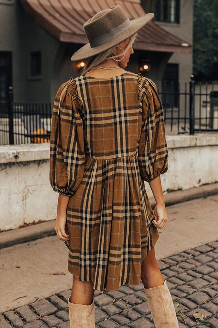 Shewin Women's Brown Plaid Empire Waist Babydoll Dress - Flirty & Feminine Style