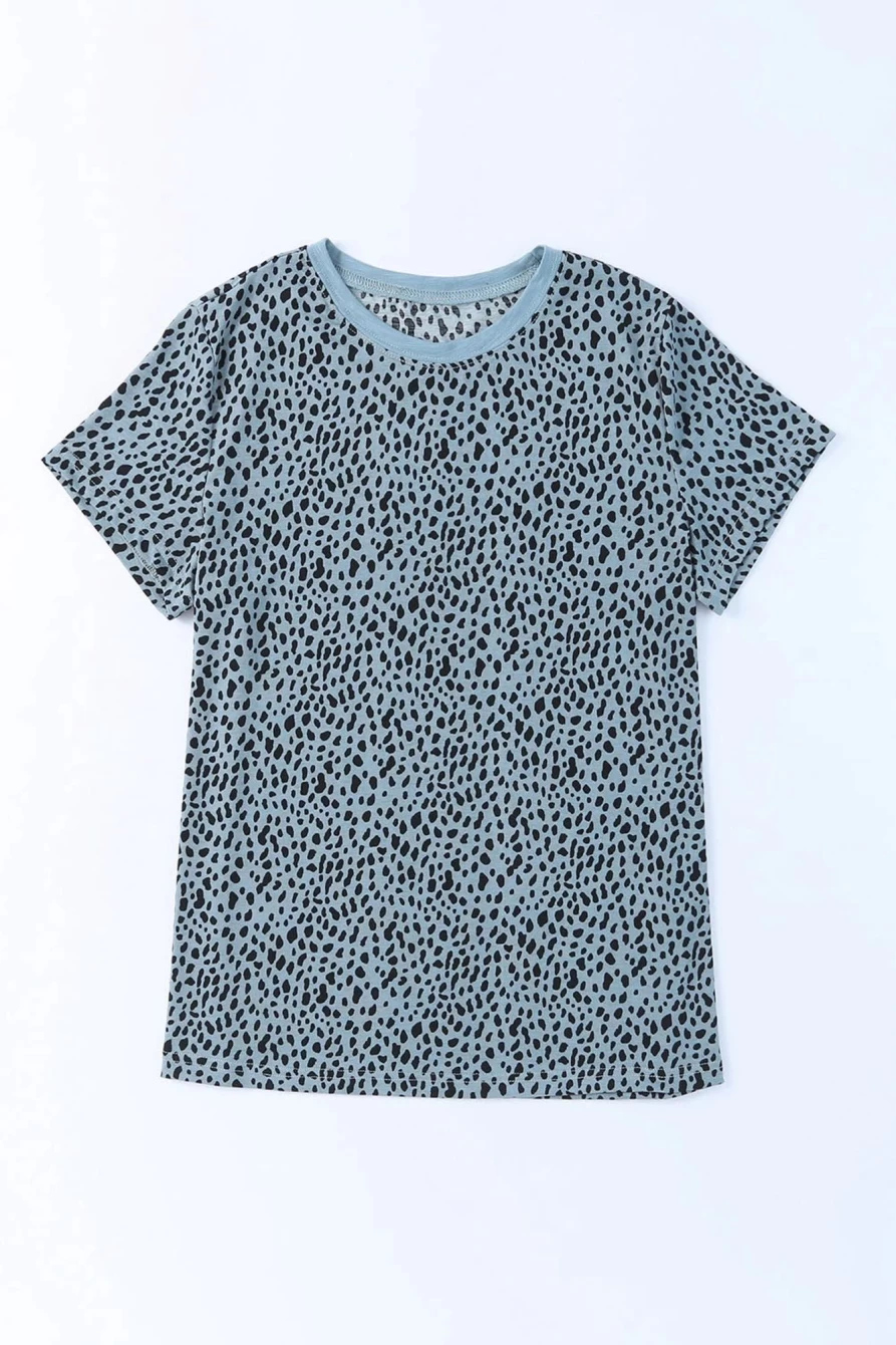 Shewin Women's Gray Cheetah Print Casual Crew Neck T-Shirt