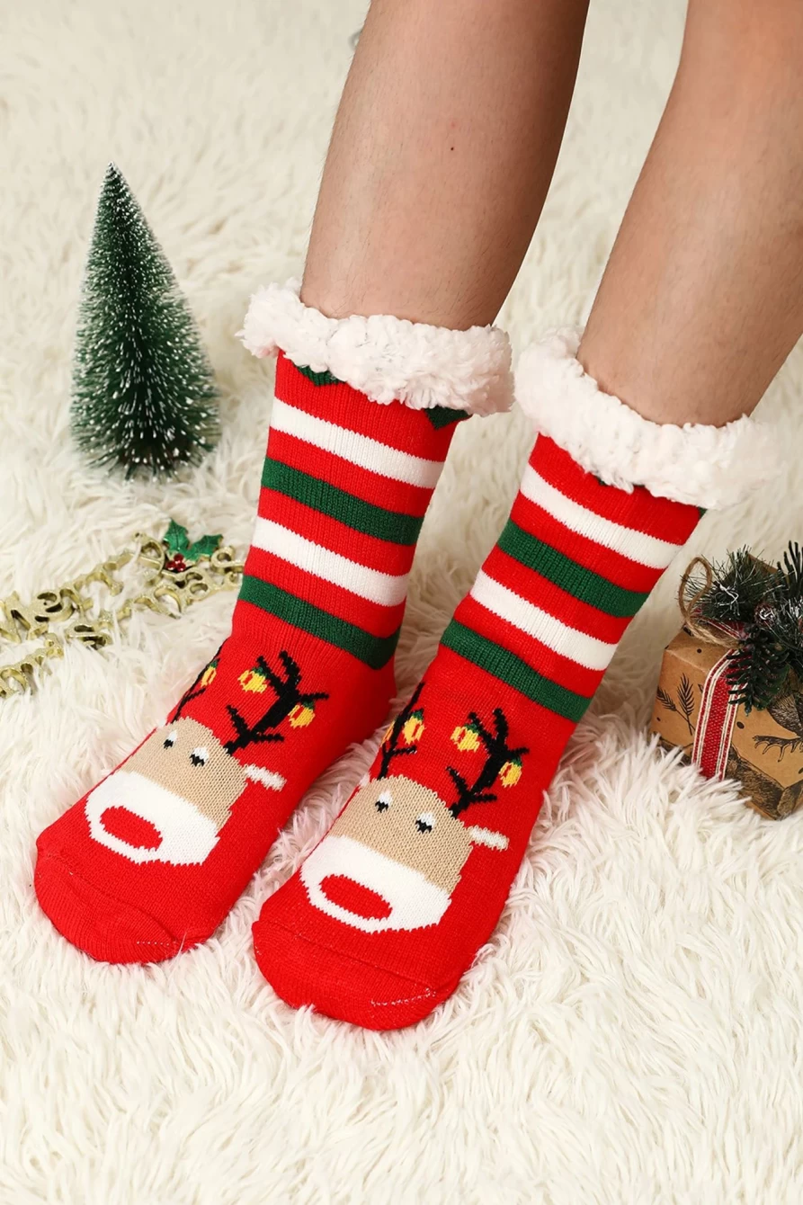 "Shewin Women's Fiery Red Christmas Cartoon Wool Knit Socks – Festive Holiday Warm Winter Socks"