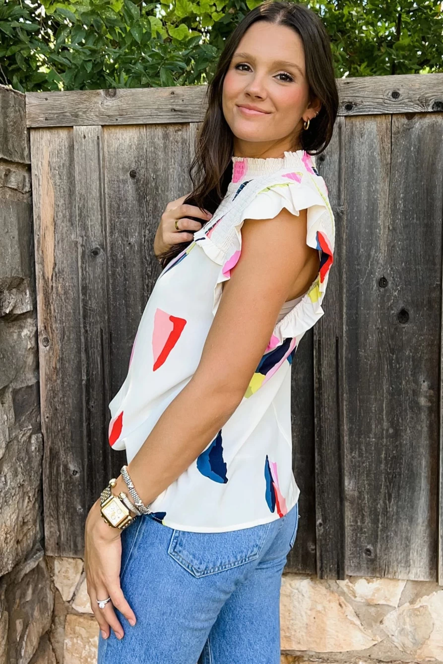 Shewin Women's White Abstract Print Smocked Top with Ruffle Trim Sleeveless Blouse