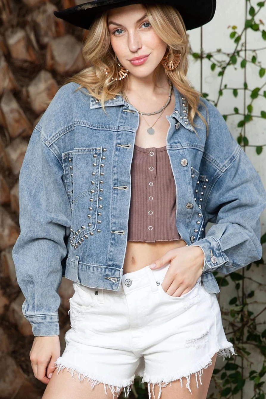 Shewin Women's Sky Blue Cropped Denim Jacket with Studded Buttons Light Wash