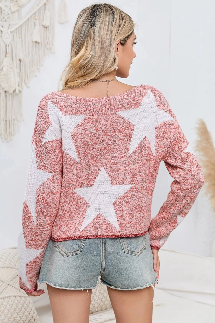 Shewin Women's Red Star Spangled Casual Knit Sweater - Big Cozy Pullover