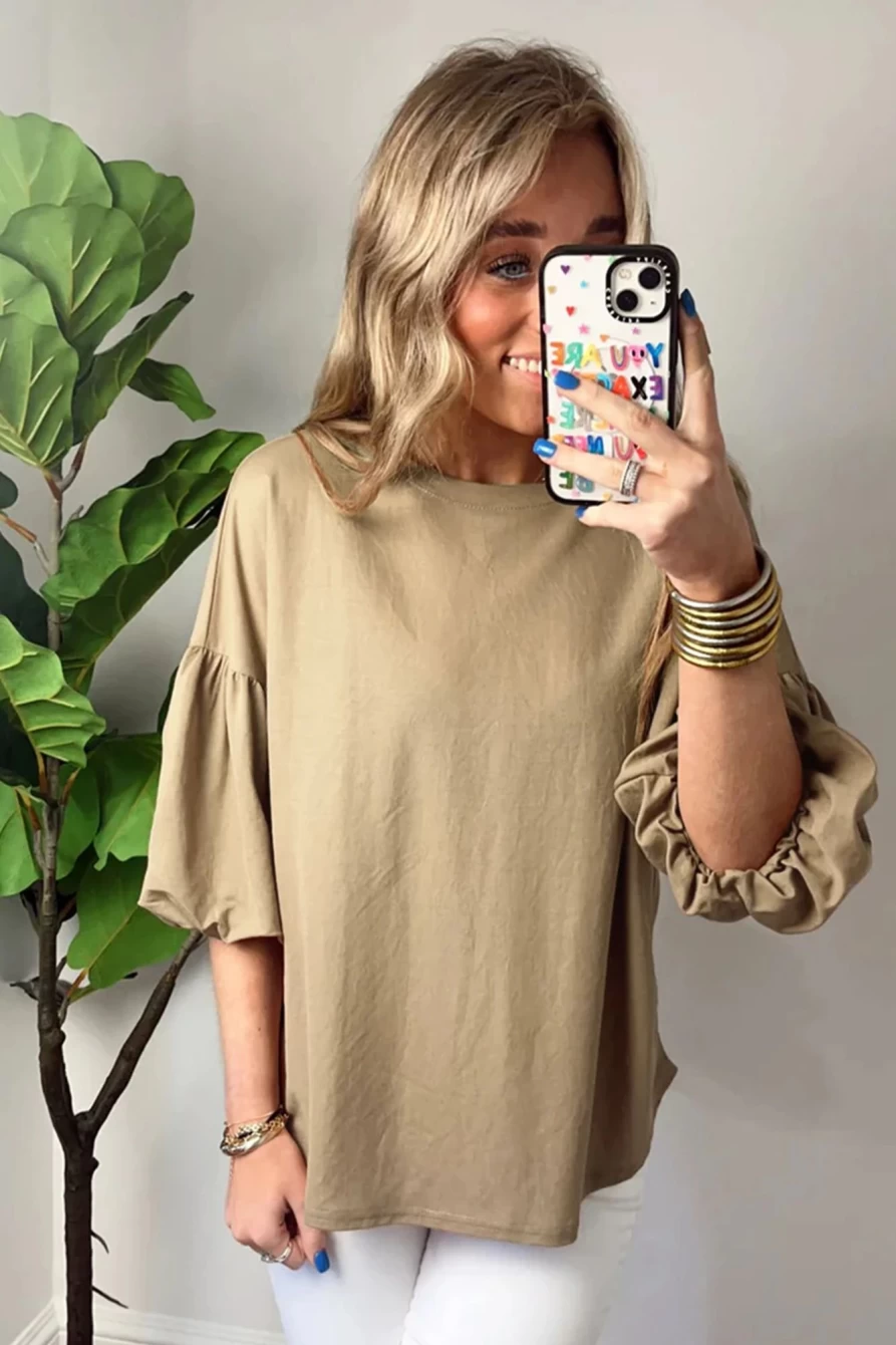 Shewin Women's Light French Beige Solid Round Neck Lantern Sleeve Blouse