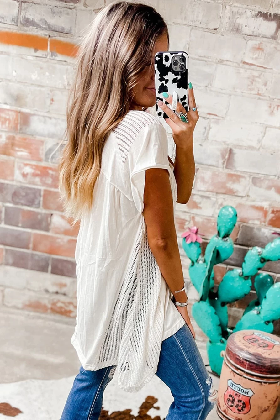 Shewin Women's White Hollow Knit Keyhole Back Tunic Top - Splicing Detail Long Sleeve Blouse