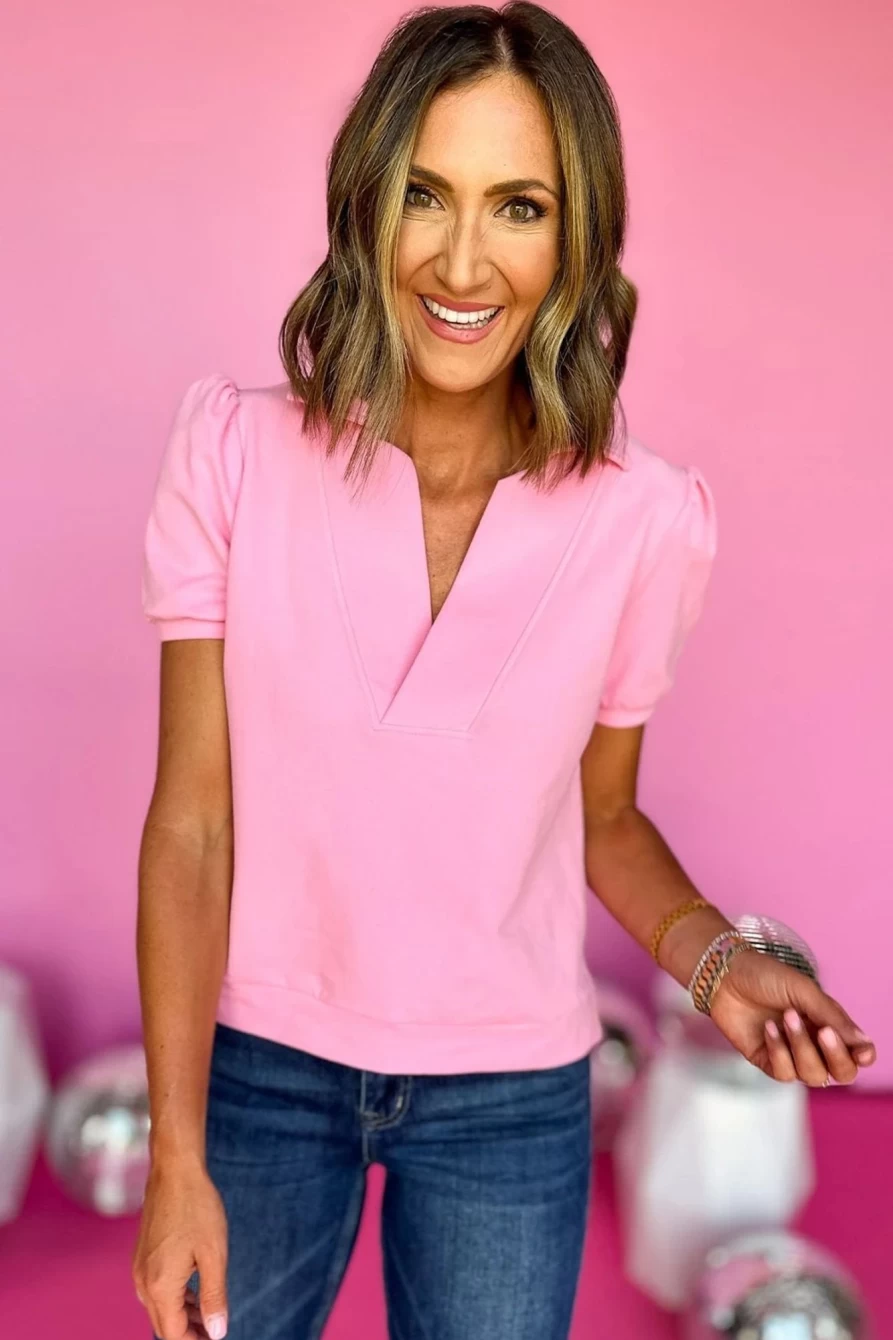 Shewin Women's Pink V-Neck Collared T-Shirt with Puff Sleeves & Side Slit Detail