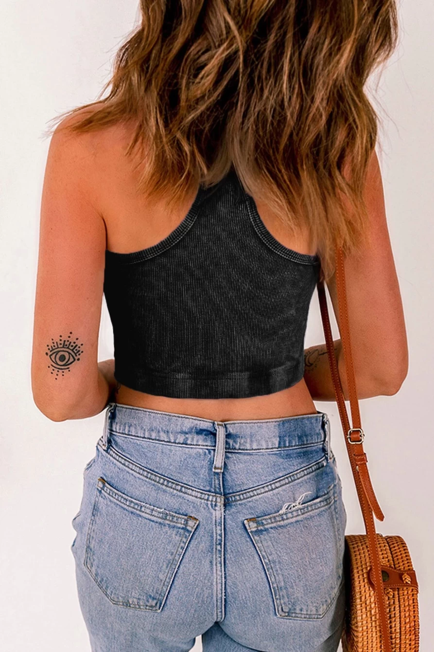 Shewin Women's Black Ribbed Cropped Tank Top - Mineral Wash Racerback Style