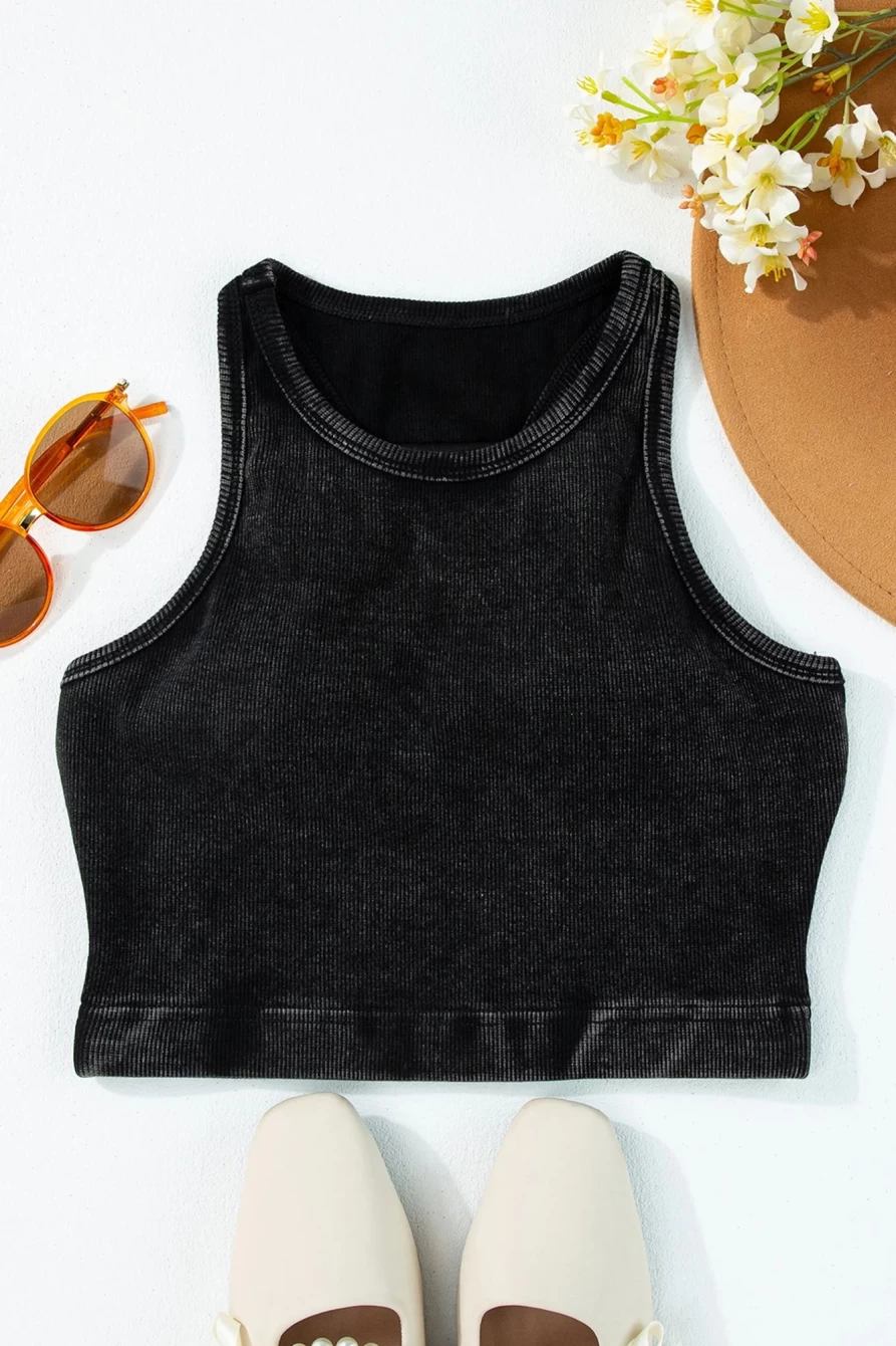 Shewin Women's Black Ribbed Cropped Tank Top - Mineral Wash Racerback Style