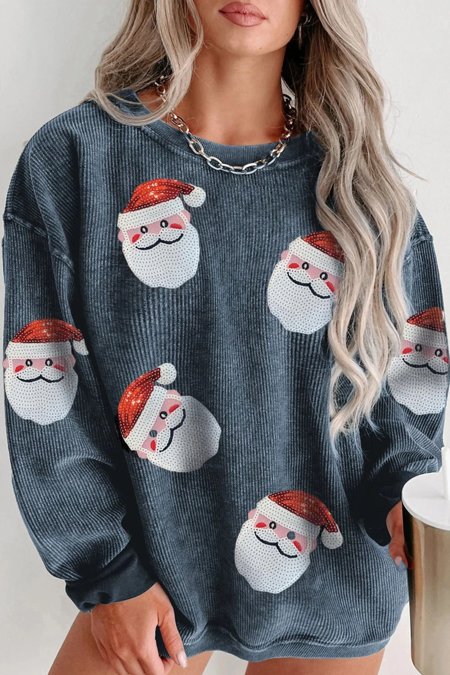 "Shewin Women's Blue Santa Graphic Christmas Sweatshirt - Festive Navy Holiday Pullover"