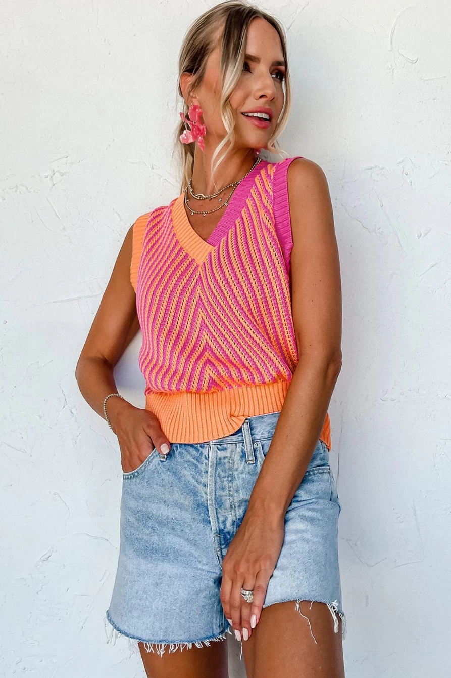 Shewin Women's Strawberry Pink Contrast Chevron V-Neck Knitted Vest