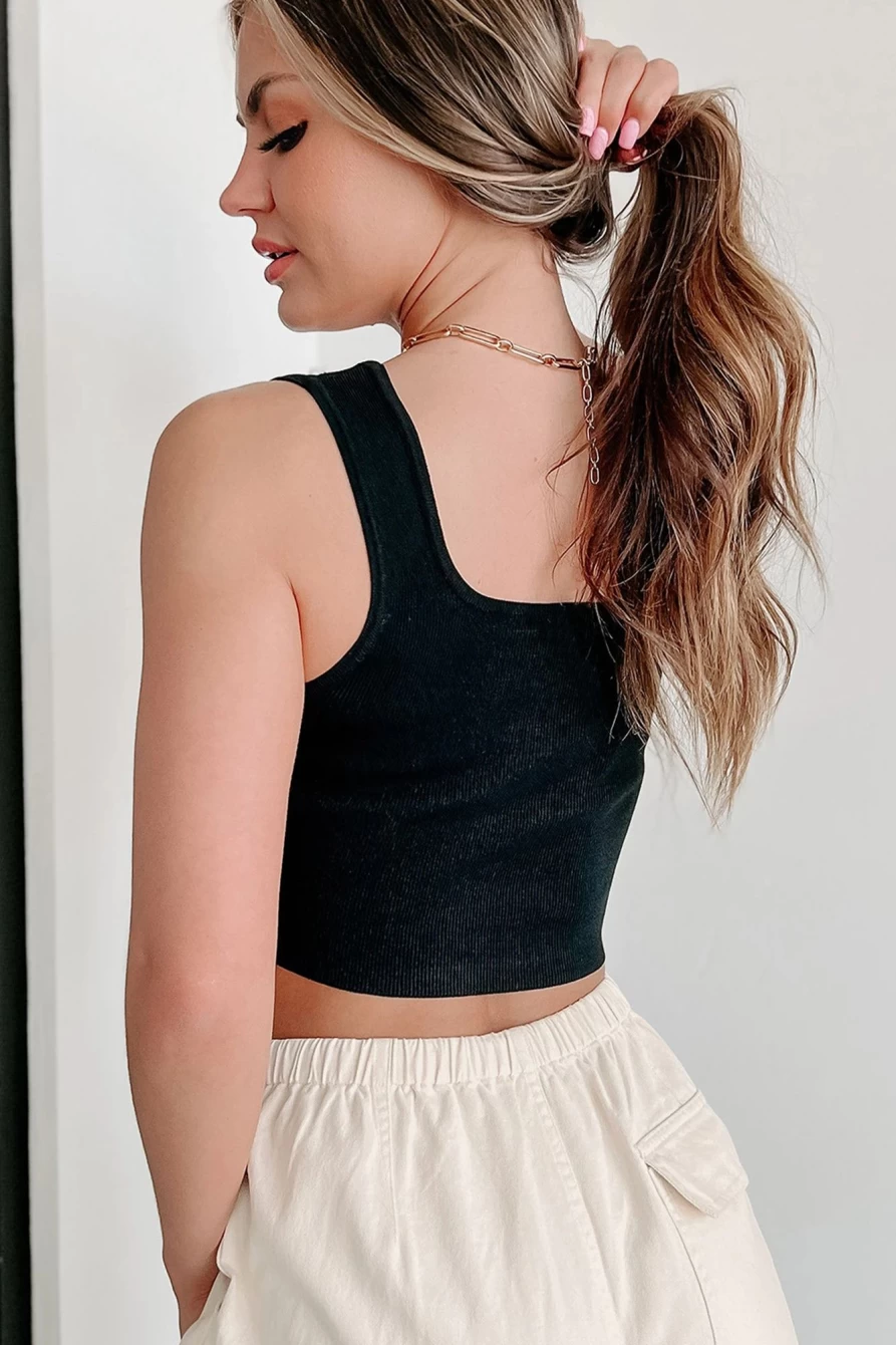 Shewin Women's Black Square Neck Ribbed Knit Crop Top with Pearl Decor