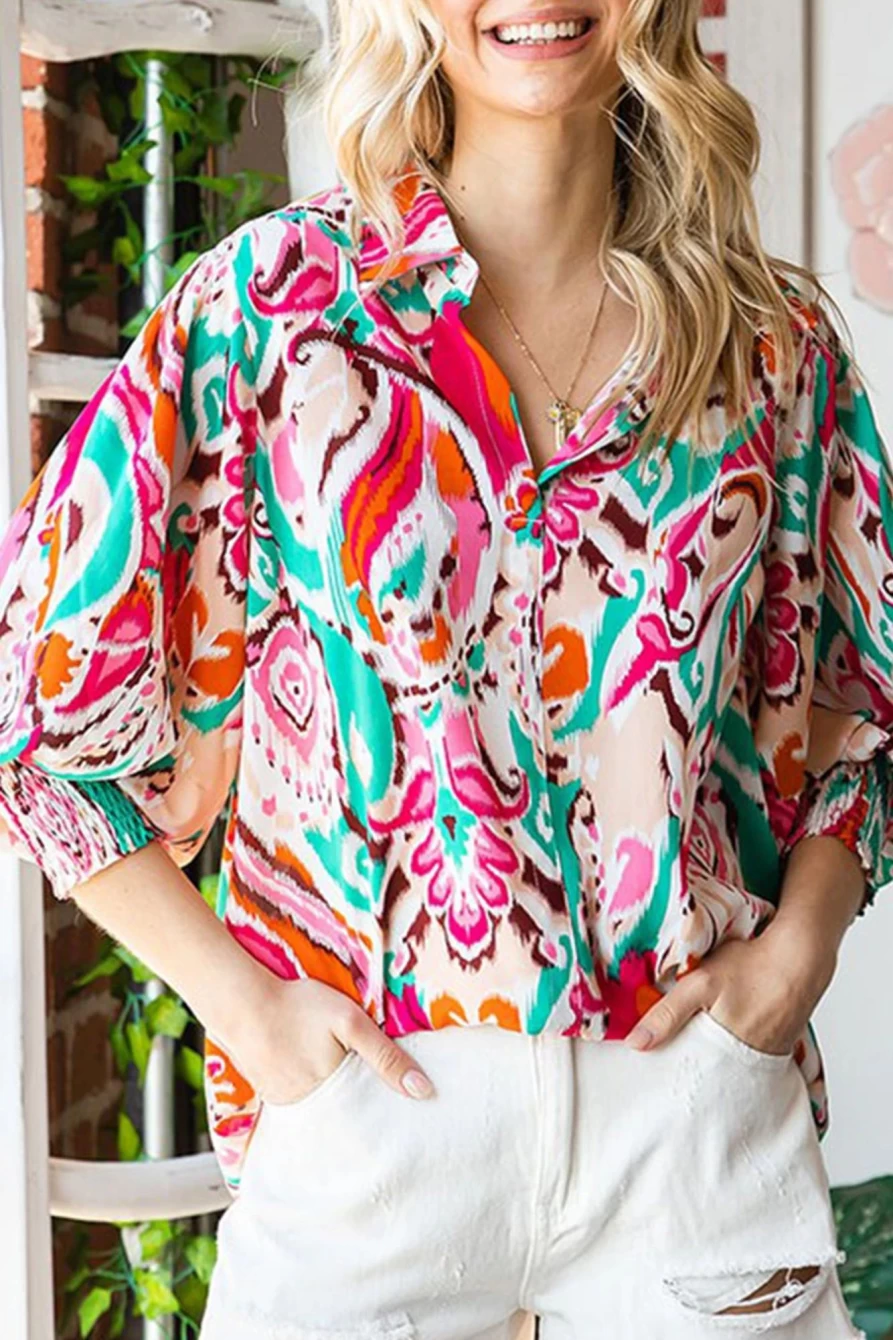 Shewin Women's Red Paisley Print Blouse with Lantern Sleeves and Shirred Cuffs