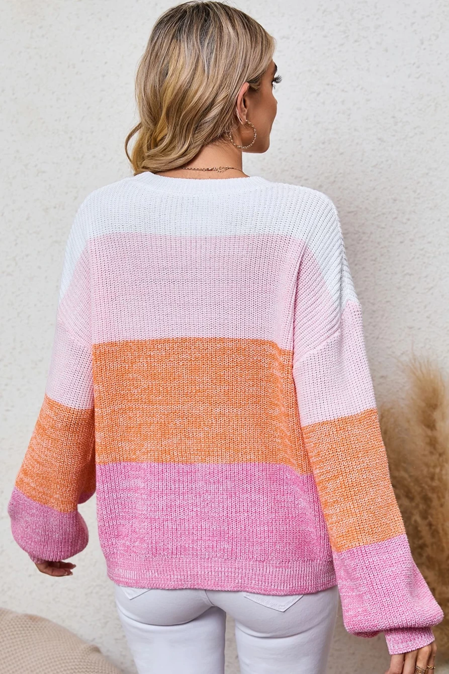 Shewin Women's Pink Colorblock Drop Shoulder Loose Sweater Pullover