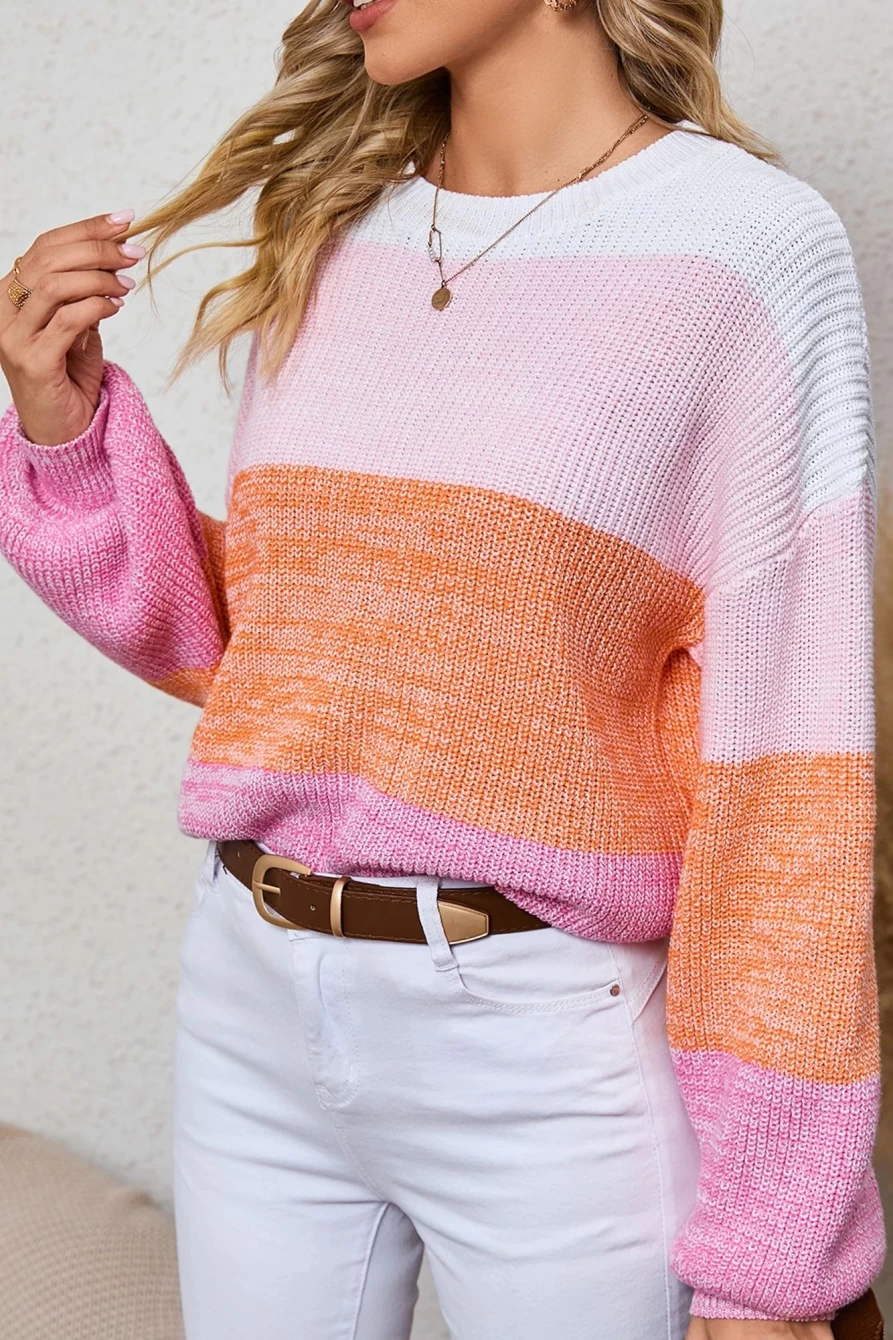 Shewin Women's Pink Colorblock Drop Shoulder Loose Sweater Pullover