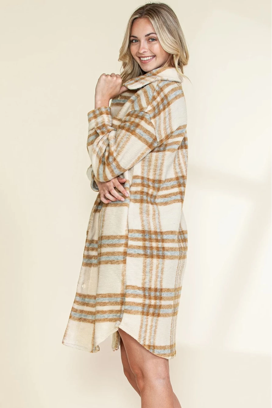 Shewin Women's Brown Plaid Print Long Jacket with Flap Pockets & Button-Up Front