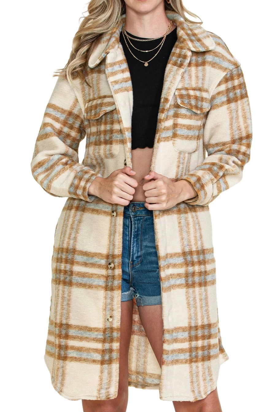 Shewin Women's Brown Plaid Print Long Jacket with Flap Pockets & Button-Up Front