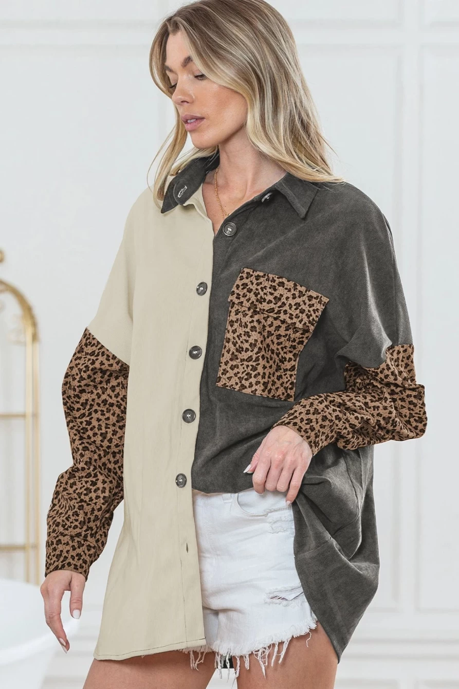 Women's Gray Color Block Leopard Print Corduroy Shacket by Shewin - Casual Patchwork Jacket