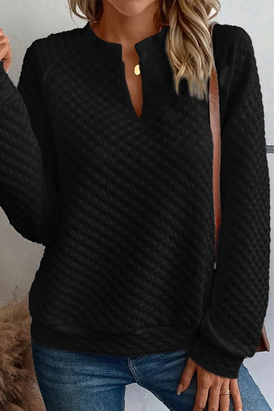 Shewin Women's Black Quilted V-Neck Long Sleeve Solid Color Top